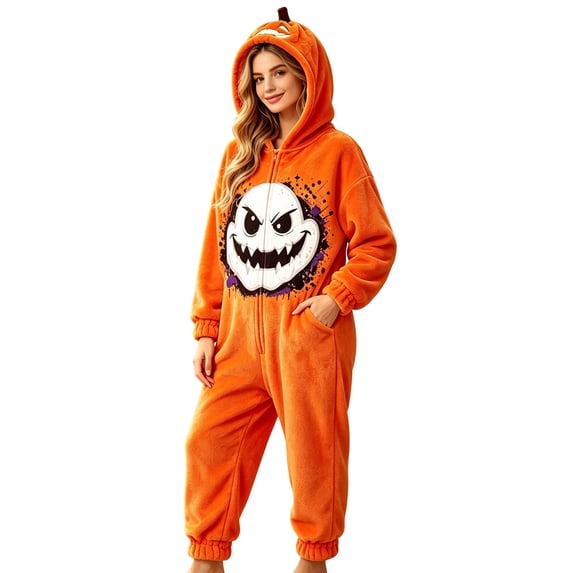 YUEHUA Adult Hooded Zip Front Onesie, Unisex Pumpkin Face Print Halloween Sleep Jumpsuit, Loose Comfort One Piece Nightwear for Men Women