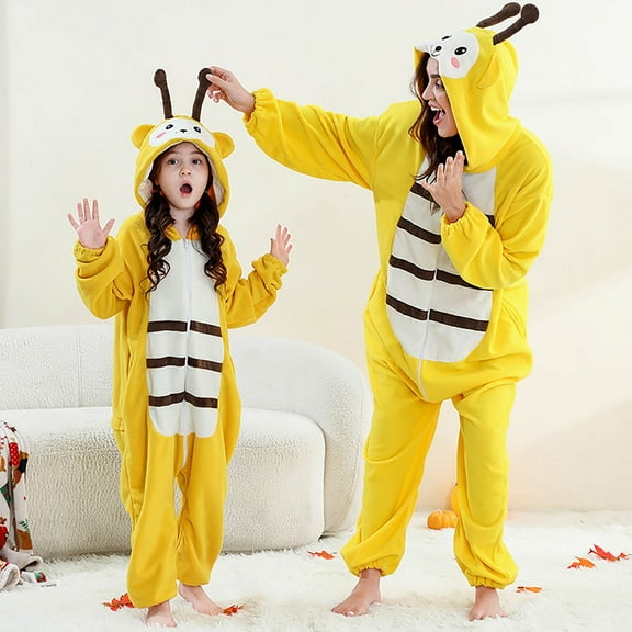 YUEHUA Adult Womens Onesie Animal One Piece Pajamas Christmas Bee Cos-tume for Men Fleece Hooded Onesie Pajamas Cute Fuzzy Sleepwear Winter Warm Romper Outfits