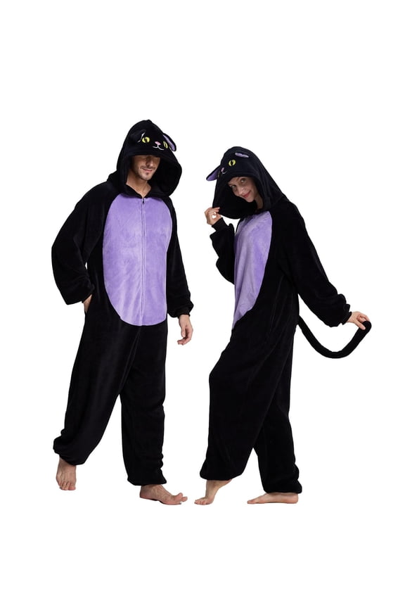 Adult Womens Onesie Animal One Piece Pajamas Christmas Cat Cos-tume for Men Fleece Hooded Onesie Pajamas Cute Fuzzy Sleepwear Winter Warm Romper Outfits