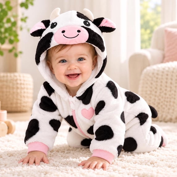 YUEHUA Baby Cow Warm Hooded Jumpsuit with Front Zipper for Autumn ...