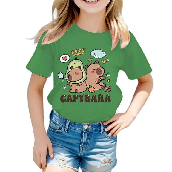 YUEHUA Back To Sch ool Clothes for Teen Girls Girls' Round Neck Cartoon Animal Patterned Printed Loose Casual Short Sleeved T Shirt, Size 12-14 Years