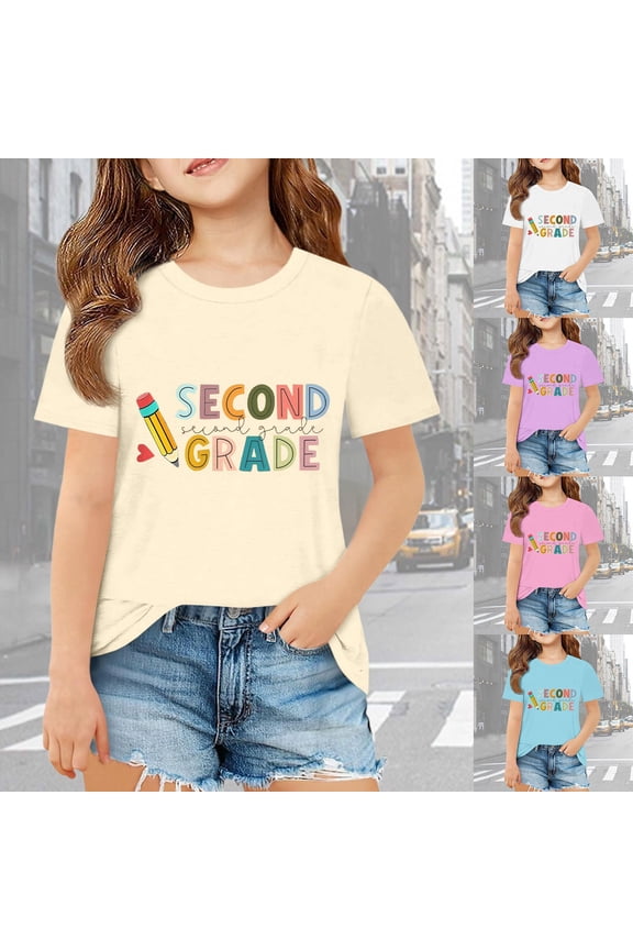 Back To School Girls Clothes Loose Fit Quick Dry O-Neck Short Sleeve First Day, Back To School Shirts Tee Tops