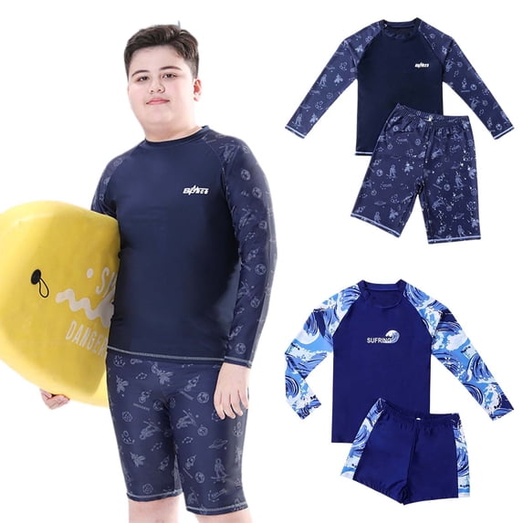 YUEHUA Boys 2 Pieces Rash Guard Sun Protection Long Sleeve Plus Size Swimsuits Quick Dry Swim Shirt Trunks for Kid Teen Boys, Size 140
