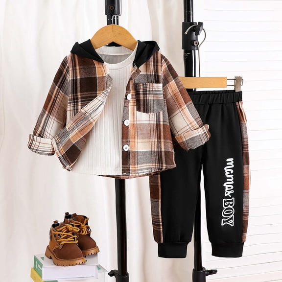 YUEHUA Boys 2 Pieces Sweatsuit Flannel Plaid Shirt Tops Hoodies Cargo Sweat Pants Clothing Set 3-14Y