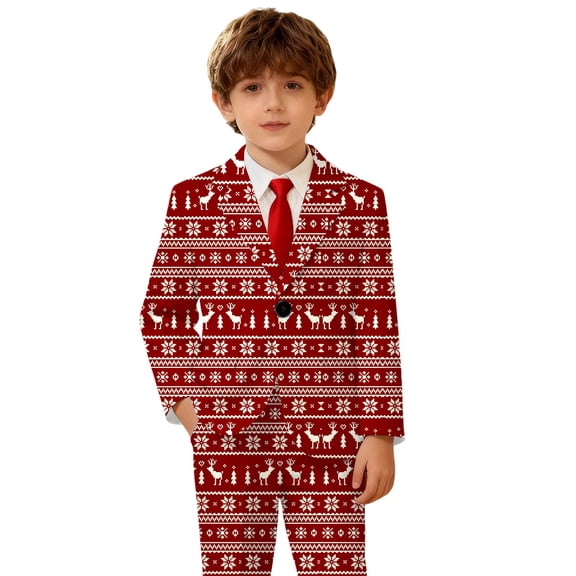 YUEHUA Boys Christmas Festive Jacket Christmas Theme Party Suit for Boys Holiday Festive Celebration Outfit with Classic Lapel Design 5-6 Years
