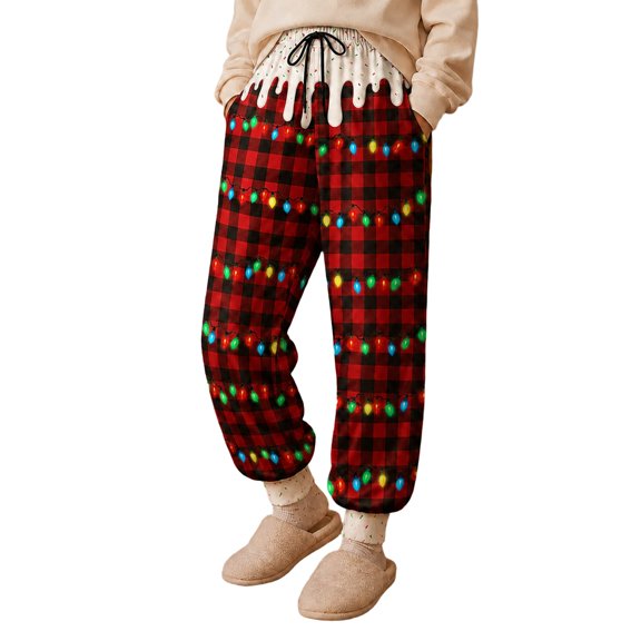YUEHUA Boys Christmas Plaid Jogger Sweatpants Ice String Light Print Elastic Waist Pockets Soft Blend Winter Pants for Holiday Daily Wear and Cold Weather Comfort