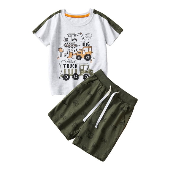 YUEHUA Boys Clothes Set Loose Fit Elastic Waist Shorts Tractor Pattern Loose Casual T-Shirt and Shorts Summer Clothes for Kids 3-8 Years