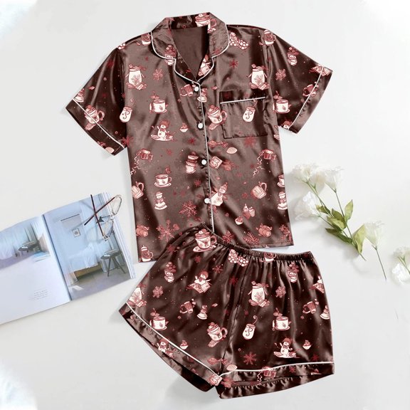 YUEHUA Christmas Pajamas for Women, Womens Christmas Pajamas Short Sleeve, Silk Satin Button Down Top and Shorts Set, Printed Pajama Set, Cozy Loungewear for Women