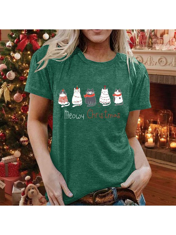 Christmas Shirts for Women Plus Size Lightweight Plus Size Christmas Clothes for Women Short‑sleeve Crew‑neck Christmas Top Stylish Womens Cute Tops Tshirt Holiday Photo Shoot