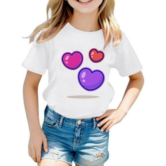 YUEHUA Clothes for Girls 10-12 Summer Girls' Children Crew Neck Short Sleeved Heart Patterned Casual Loose Fitting Short Sleeved T Shirt Top, Size 4-5 Years