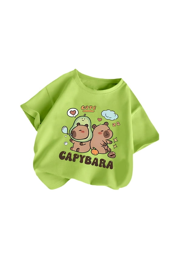 Clothes for Teen Girls Girls' Round Neck Cartoon Animal Patterned Printed Loose Casual Short Sleeved T Shirt, Size 6-8 Years