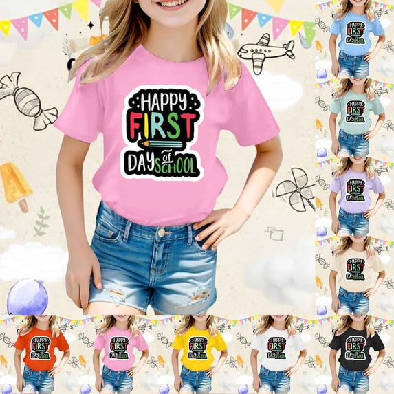 YUEHUA Cute Back To School Outfits for Teen Girls Relaxed Fit Cute O Neck Short Sleeve Happy First Day Of School Back To School Student T-Shirt