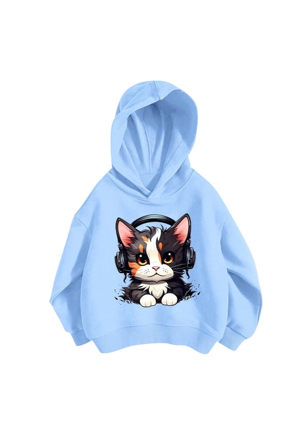 Cute Cat Hoodie for Girls Animal Graphic Hoodies Kids Long Sleeve Thin Hooded Sweatshirt Preppy Clothes Pullover, Size 5-6 Years