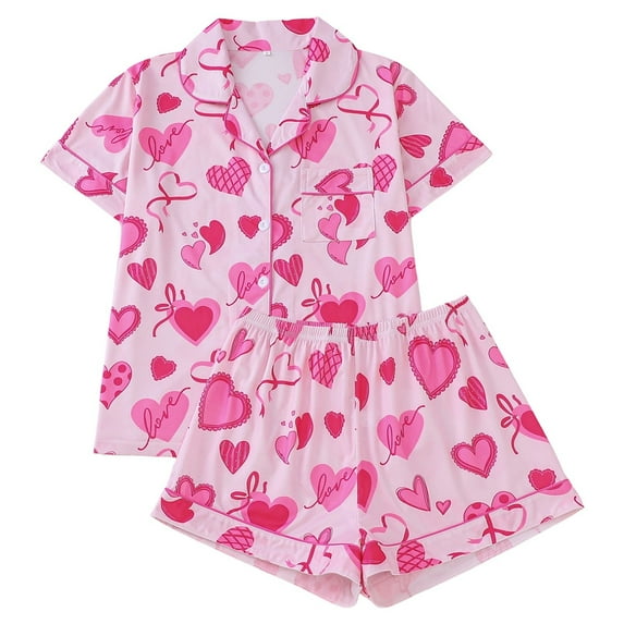 YUEHUA Cute Pj Bow Pajamas Sets for Women Valentines 2 Piece Button Up Short Sleeve Nightwear Lounge Sleepwear Set