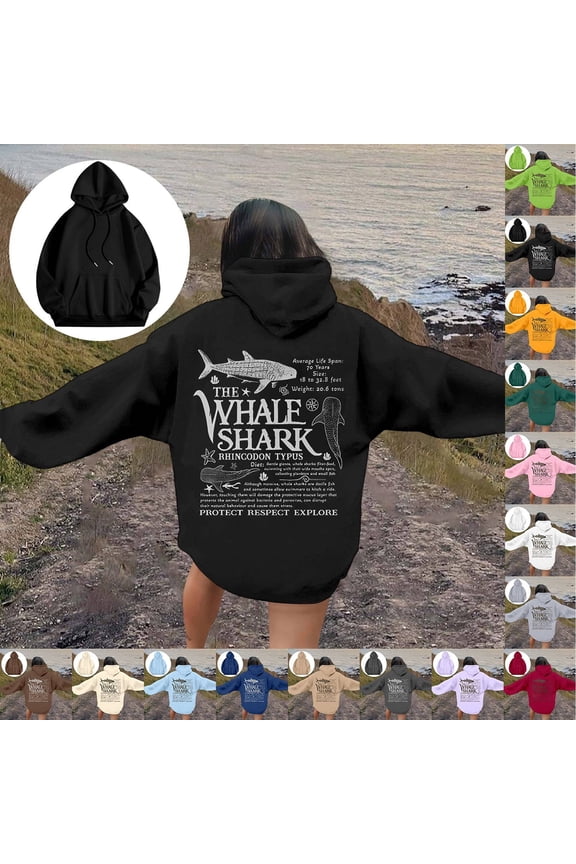 Cute Protect Our Oceans Hoodies for Women Ocean Whale Shark Hoodie Aesthetic Animal Graphic Sweatshirts Casual Fleece Pullover Tops