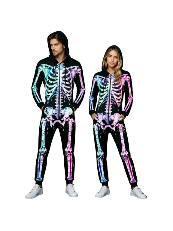 Festive Jumpsuit, Unisex Skeleton Print Hooded Onesie, Cozy Touch for Relaxing Evenings, Great for Family Game Nights