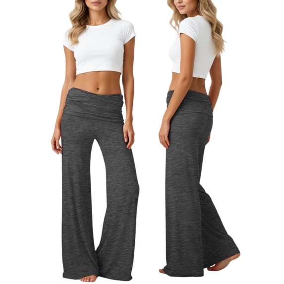 YUEHUA Fold Over Yoga Pants, On-Trend Solid Wide Leg Loose Fit Lounge Pants with Ruched Waist Y2k 2026 Coral Foldover Yoga Pant Stretchy Loose Gym Lounge Leggings