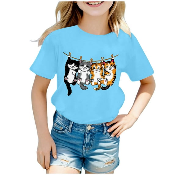 YUEHUA Girl Tops Size 14-16 Girls Summer Tops Short Sleeve Casual Loose Fit Round Neck Cute Cartoon Print Tee Shirt for Toddler Kids Comfortable Breathable Daily Wear, Size 8-10 Years