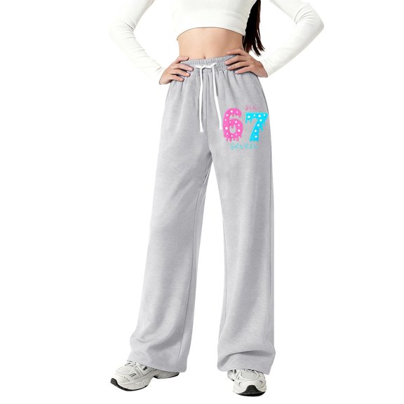YUEHUA Girl's 6 7 Number Printed Baggy Ice Cream Sweatpants Wide Leg 67 Meme Pants High Waist Loose Sport Athletic Pants Trousers Joggers, 6-7 Years