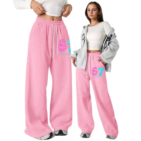 YUEHUA Girl's 67 Meme Ice Cream Baggy Sweatpants 6 7 Number Printed Lightweight Straight Leg Athletic Pants with Pockets, 15-16 Years