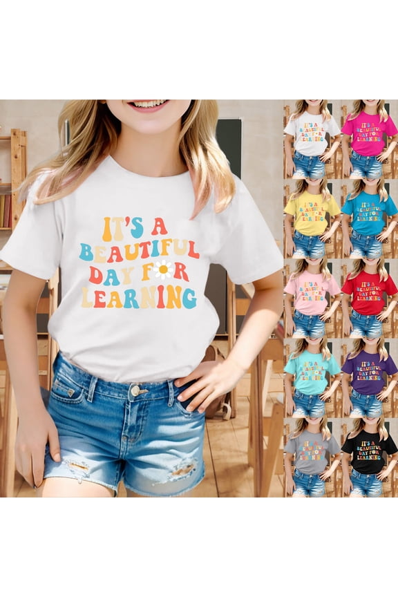Girls Back To School Clothes Athletic Fit Breathable Round Neck 1/4 Sleeve Hello First/second/third Grade Tshirt Back To School Tees Tops