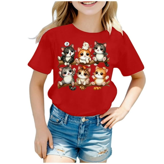 YUEHUA Girls' Fashion Girls Summer Tops Cute Cat Print Short Sleeve Tee Loose Fit Round Neck Casual Shirt for Toddler Kids Comfortable Breathable, Size 8-10 Years