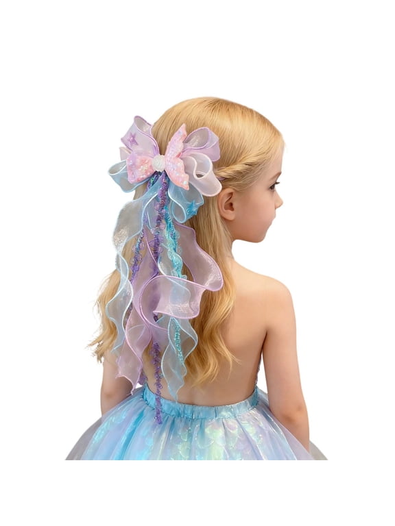 Girls Hair Clips with Long Fabric Ribbon Bows for Party Decoration, Paired with Mermaid Swimsuit