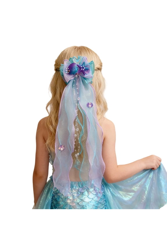 Girls Hair Clips with Long Fabric Ribbon Bows for Party Decoration, Paired with Mermaid Swimsuit