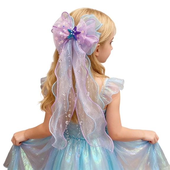 YUEHUA Girls Hair Clips with Long Fabric Ribbon Bows for Party Decoration, Paired with Mermaid Swimsuit