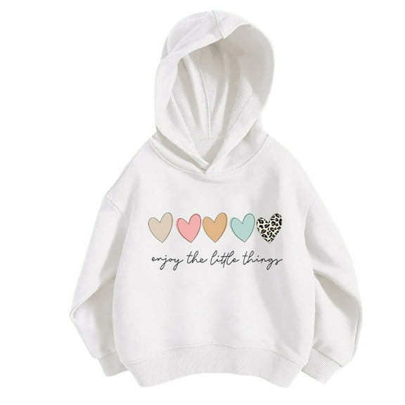 YUEHUA Girls Heart Graphic Hoodies Long Sleeve Cartoon Print White Pullover Hooded Sweatshirt Cute Casual Tops for Girl, Size 8-9 Years