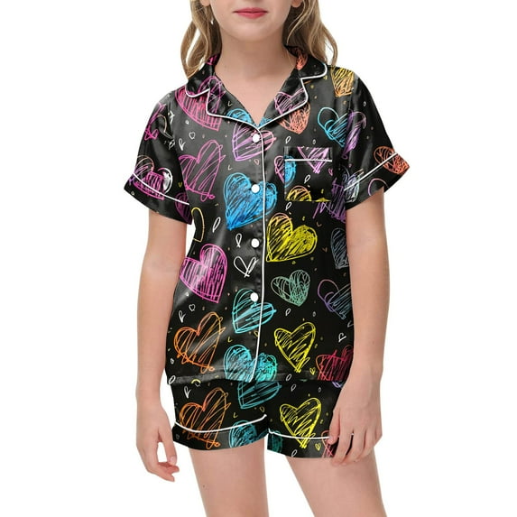 YUEHUA Girls Pajamas Satin Pajama Set Silk Pjs Short Sleeve Button Down Summer Valentine's Day Bow Sleepwear for Big Kids 5-14Y, Size 4-5 Years