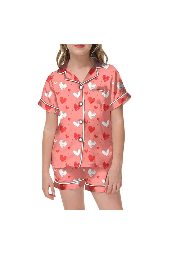 Girls Pajamas Set Soft Silk Satin Pajamas 2 Piece Valentine's Day Short Sleeve Sleepwear Gifts for Kids Size 3-14 Years, Size 10-11 Years
