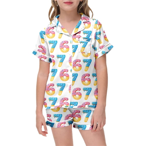 YUEHUA Girls Pajamas Silk PJS Set Pink Bow Satin Sleepwear Short Sleeve Jammies for Kids Valentine's Day Button-Down Nightwear size 7-14 Y