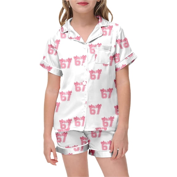 YUEHUA Girls Pajamas Silk PJS Set Pink Bow Satin Sleepwear Short Sleeve Jammies for Kids Valentine's Day Button-Down Nightwear size 7-14 Y