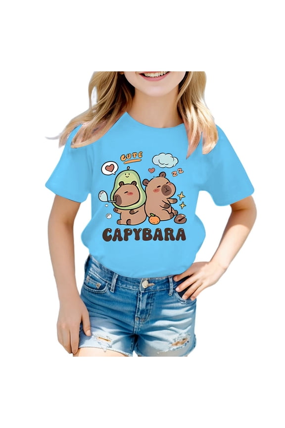 Girls Shirts Size 14 16 Girls' Round Neck Cartoon Animal Patterned Printed Loose Casual Short Sleeved T Shirt, Size 12-14 Years