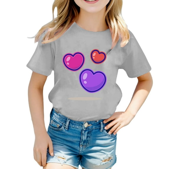 YUEHUA Girls Shirts Size 14 16 Summer Girls' Children Crew Neck Short Sleeved Heart Patterned Casual Loose Fitting Short Sleeved T Shirt Top, Size 6-7 Years