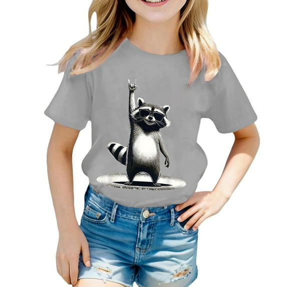 YUEHUA Girls Shirts Size 6 Girls Summer Short Sleeve T Shirt Cute Animal Print Casual Loose Fit Tee for Kids Comfortable Daily Wear Top for Girls Ages 5 14, Size 12-13 Years