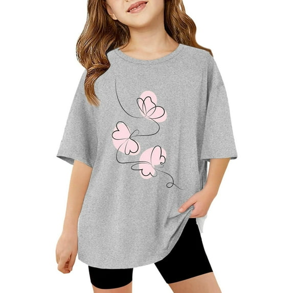 YUEHUA Girls Shirts Size 7 Summer Children's Girls' Round Neck Print Casual Loose Short Sleeved T Shirt Top, Size 4-5 Years