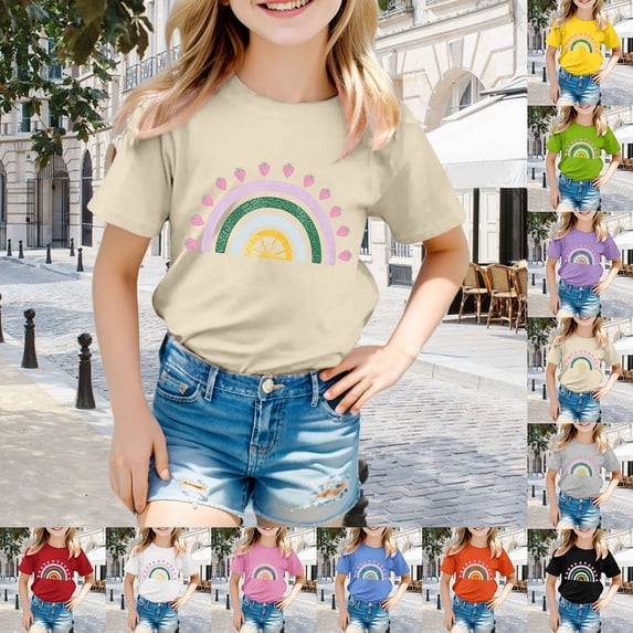 YUEHUA Girls Short Sleeve T Shirts Casual Crewneck Fashion Tees Kids Summer Tops 5-14 Years