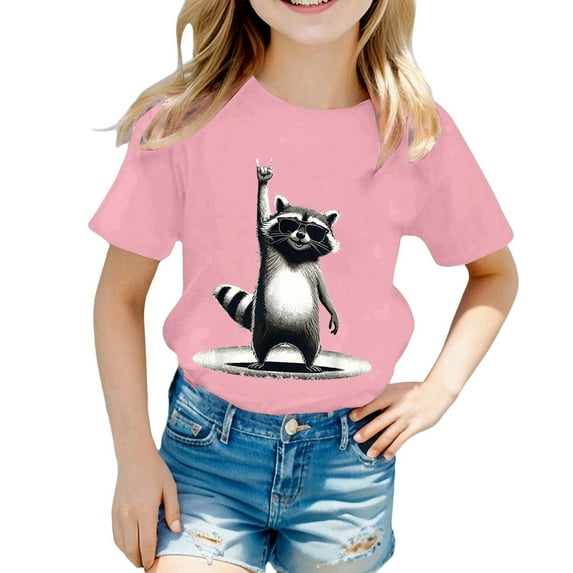 YUEHUA Girls T Shirts Size 8 Girls Summer Short Sleeve T Shirt Cute Animal Print Casual Loose Fit Tee for Kids Comfortable Daily Wear Top for Girls Ages 5 14, Size 6-7 Years