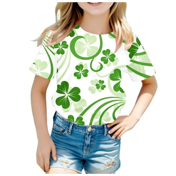 YUEHUA Girls T Shirts Summer Short Sleeve Children's Fashion Saint Pat Printed T Shirt, 3-4 Years