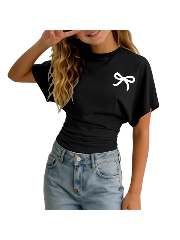 Girls Tops Short Sleeve Ruched Sides Slim Fit Bow Cheery Graphic Tees Cute Summer Shirts Y2k Clothes Streetwear