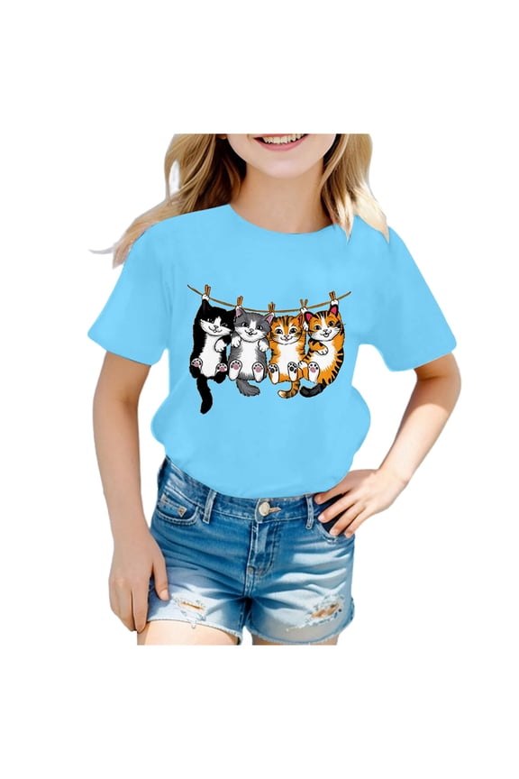 Girls Tops Size 12 Girls Summer Tops Short Sleeve Casual Loose Fit Round Neck Cute Cartoon Print Tee Shirt for Toddler Kids Comfortable Breathable Daily Wear, Size 10-12 Years