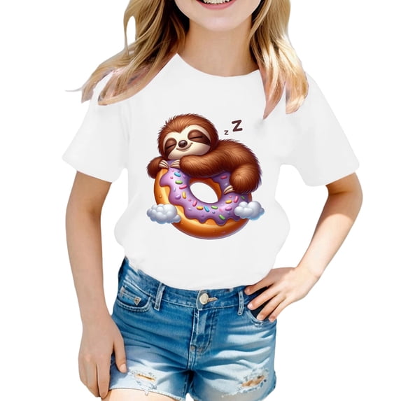 YUEHUA Girls Tops Size 5 Girls Summer Sloth Print Short Sleeve T Shirt Casual Loose Fit Round Neck Tee for Kids Toddler Youth Comfortable Daily Wear Top, Size 4-5 Years