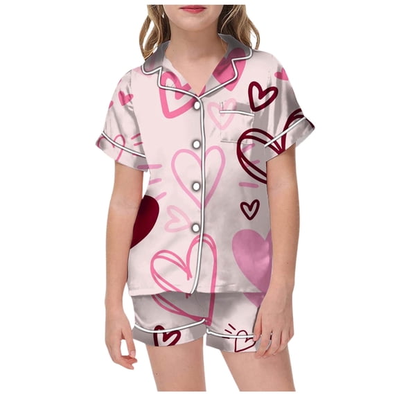 YUEHUA Girls Valentine's Day Pajamas Silk PJS Set Pink Bow Satin Sleepwear Short Sleeve Jammies for Kids Button-Down Nightwear size 7-14, Size 6-7 Years