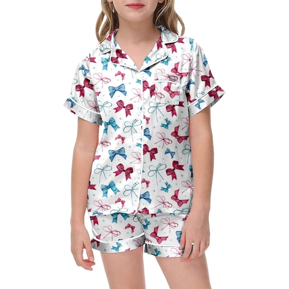 YUEHUA Girls Valentines Pajamas Silk PJS Set Bow Satin Sleepwear Short Sleeve Jammies for Kids Button-Down Nightwear size 7-8 10-12