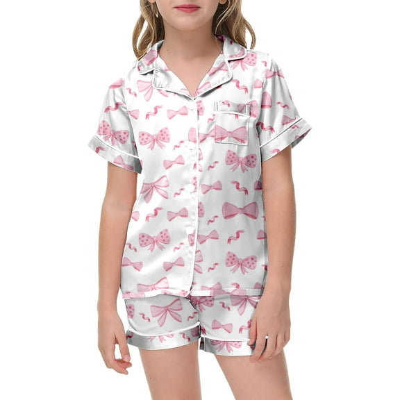 YUEHUA Girls Valentines Pajamas Silk PJS Set Bow Satin Sleepwear Short Sleeve Jammies for Kids Button-Down Nightwear size 7-8 10-12
