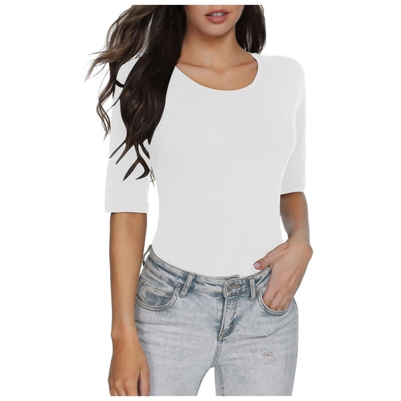 YUEHUA Half Sleeve T Shirts for Women Summer Trendy Stretchy Crewneck Cotton Tops Spring Casual Slim Fitted Basic Tees