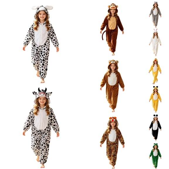 YUEHUA Halloween Animal Outfit for Kids Animal Jumpsuit, Soft Fleece Hooded,Smooth Zipper,Halloween,Themed Day,Unisex Animal Onesie