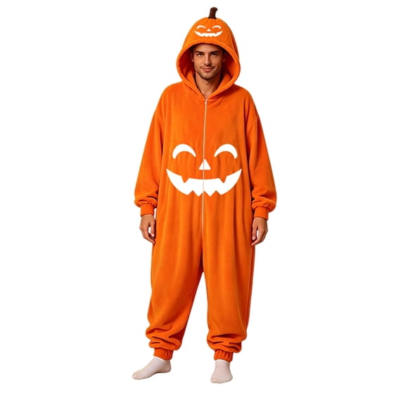 YUEHUA Halloween Hooded Thermal Jumpsuit, Unisex Fluffy Onesie, Ultra Soft Plush Full Zip Loungewear, Vivid Pumpkin Graphic Household Rest Clothes